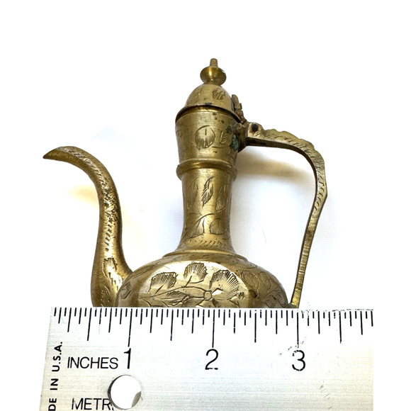 Vintage Etched Brass Pitcher 6" Ewer, Aftaba-Intricate Engravings Made in India - Picture 6 of 7